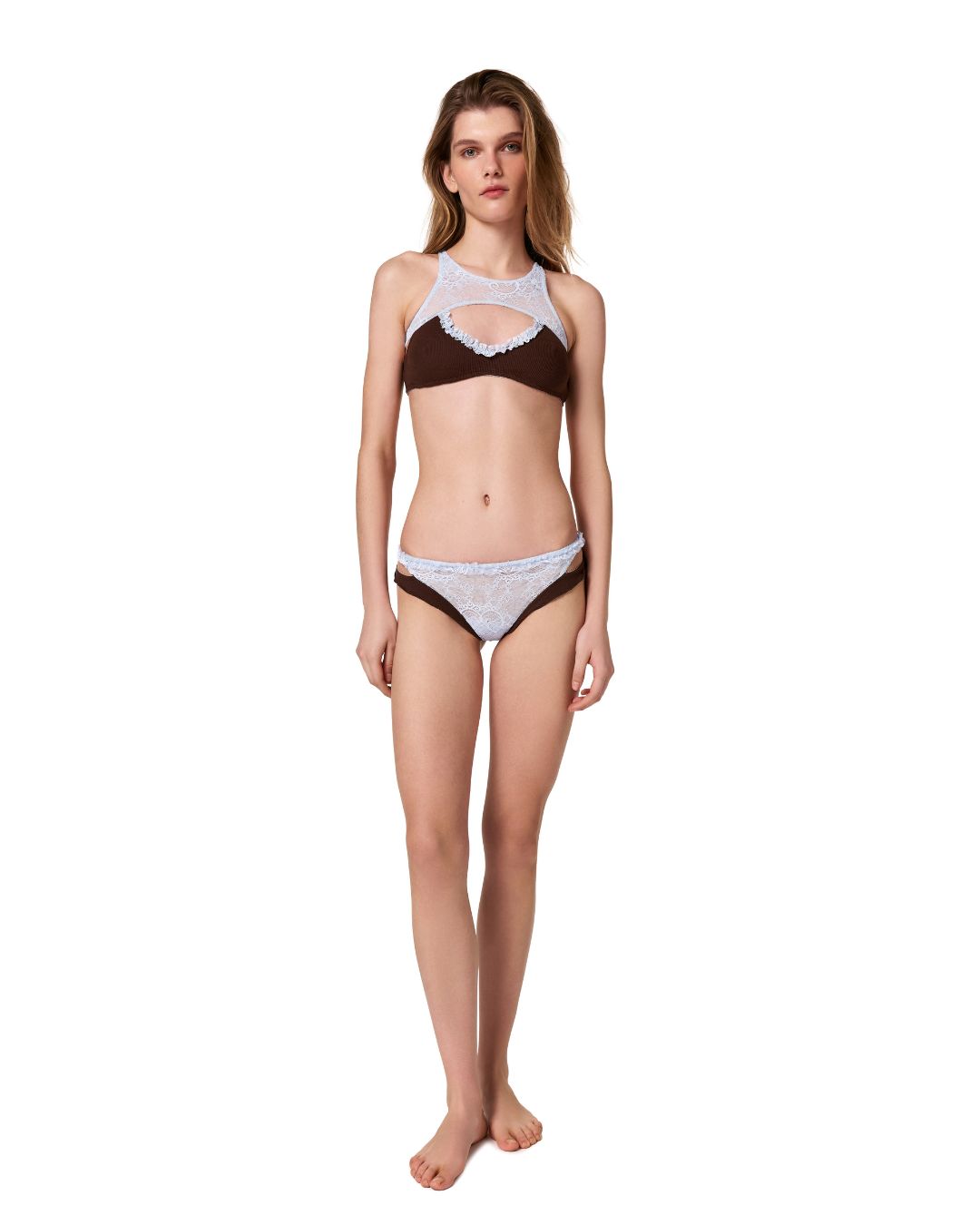 Труси Танга Подвійні Коричневі з Блакитним Мереживом