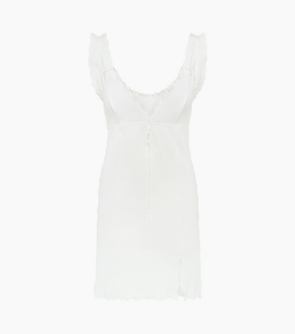 Молочна сукня з хвилястим вирізом і воланами на плечах, без рукавів