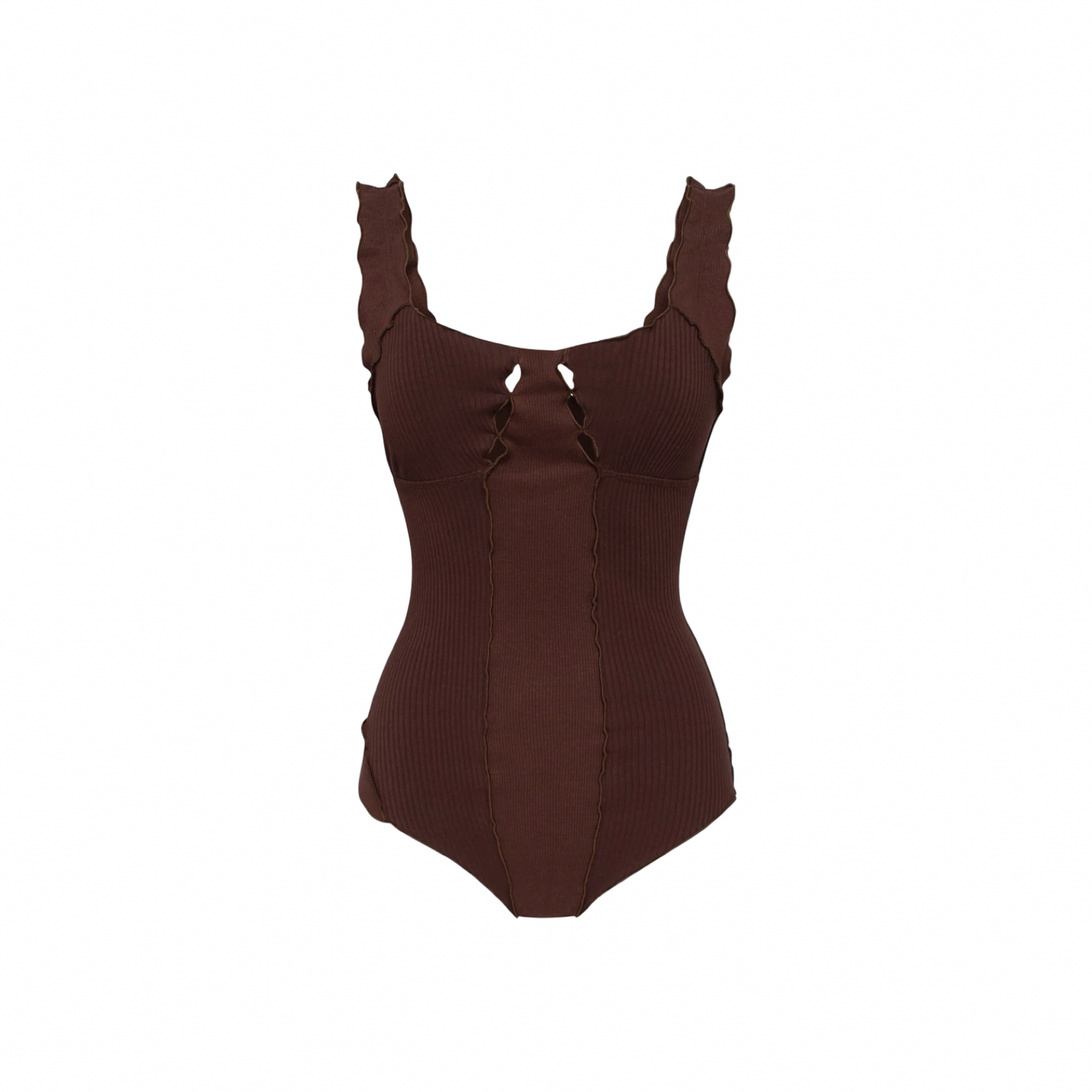 Коричневе боді з хвилястим вирізом і шнурівкою, без рукавів